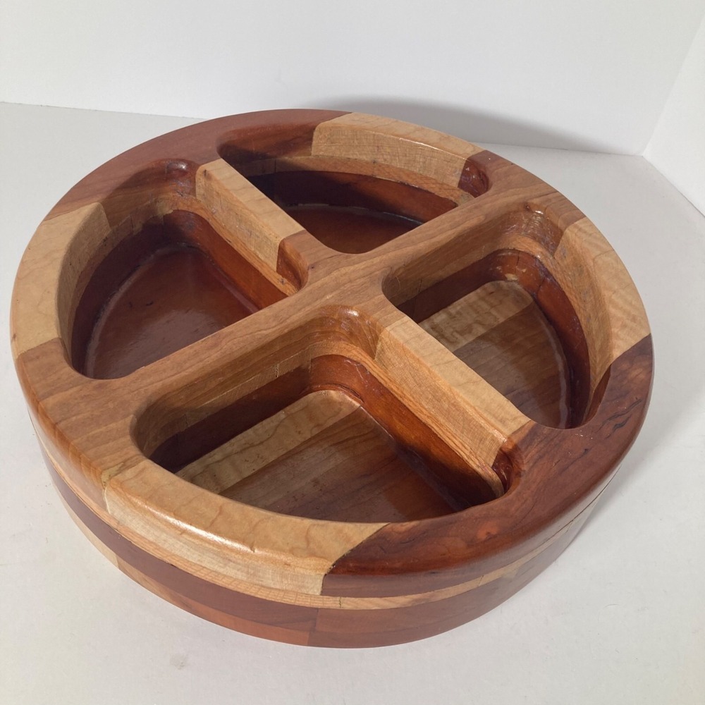 Handcrafted Round Divided Wooden Bowl Tray Signed Hershel Howard 3 x 12"